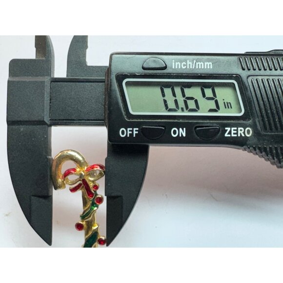 Estate Holiday Candy Cane Key Brooch, Red Green Enamel, 2" Gold Tone, 7.6g - Picture 4 of 5